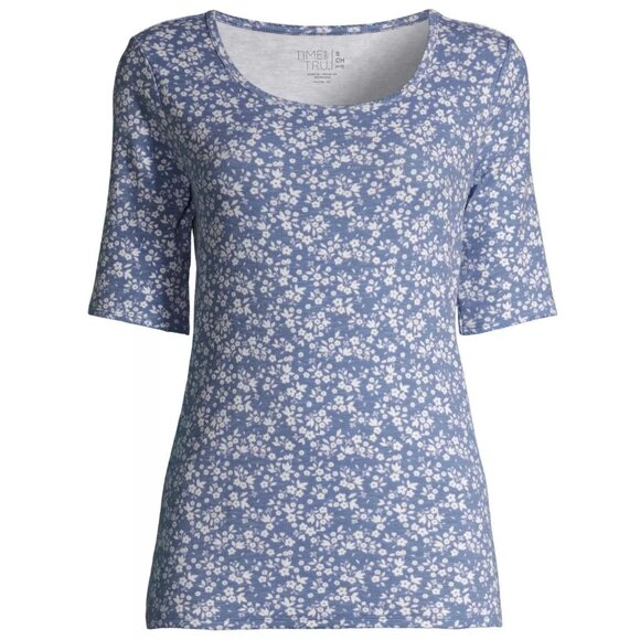 Womens Time & Tru Scoop Neck Elbow Length Sleeve T-Shirt Blue Ditsy Size Lar NWT - Picture 1 of 3